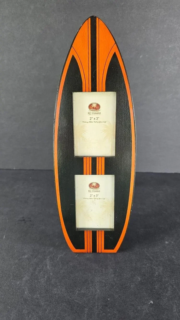 KC Hawaii Surfboard Double Picture Frame 2x3 Black Orange Wood Tabletop Decor